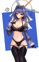 Rule 34 | 1girl, black bra, black gloves, black panties, black thighhighs, blue eyes, blue hair, bra, breasts, chain, chain headband, cleavage, clock hands, closed mouth, collarbone, commentary, detached sleeves, english commentary, gloves, hair intakes, halo, head chain, highres, hololive, hololive english, jewelry, lace, lace-trimmed bra, lace-trimmed panties, lace trim, large breasts, looking at viewer, mechanical halo, navel, notte, ouro kronii, panties, short hair, solo, thigh gap, thighhighs, underwear, underwear only, veil, virtual youtuber