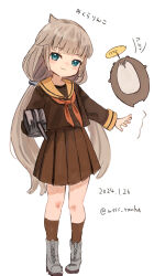Rule 34 | 1girl, adapted turret, bokukawauso, boots, brown shirt, brown skirt, brown socks, cannon, cosplay, cross-laced footwear, dated, full body, green eyes, grey hair, kantai collection, lace-up boots, long hair, low twintails, mikuma (kancolle), mikuma (kancolle) (cosplay), mikuma kai ni (kancolle), mikuma kai ni (kancolle) (cosplay), mikura (kancolle), name connection, neckerchief, orange neckerchief, orange sailor collar, otter, pleated skirt, sailor collar, shirt, simple background, skirt, socks, standing, turret, twintails, twitter username, white background, white footwear, wss (nicoseiga19993411)