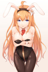 Rule 34 | 1girl, absurdres, ahoge, animal ear hairband, animal ears, bad id, bad pixiv id, between breasts, black leotard, blonde hair, blue eyes, breasts, breasts squeezed together, brown pantyhose, cleavage, commentary request, cowboy shot, crossed arms, detached collar, fake animal ears, flower, gluteal fold, granblue fantasy, hair flower, hair ornament, highres, jeanne d&#039;arc (granblue fantasy), koretsuki azuma, large breasts, leotard, long hair, looking at viewer, necktie, pantyhose, playboy bunny, rabbit ear hairband, rabbit ears, rabbit girl, rabbit tail, red necktie, solo, strapless, strapless leotard, tail, thigh gap, white background, wrist cuffs
