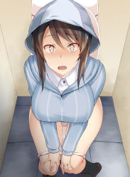 Rule 34 | 10s, 1girl, black footwear, blue hat, blue shirt, blush, breasts, brown eyes, brown footwear, brown hair, commentary request, constricted pupils, dress shirt, embarrassed, from above, frown, girls und panzer, hands on own thighs, hat, highres, indoors, keizoku school uniform, large breasts, loafers, long hair, long sleeves, looking at viewer, looking up, mika (girls und panzer), nakamura yukitoshi, no pants, open mouth, panties, panty pull, school uniform, shirt, shoes, sitting, socks, solo, striped clothes, striped shirt, tile floor, tiles, toilet, toilet use, underwear, vertical-striped clothes, vertical-striped shirt, white panties, white shirt