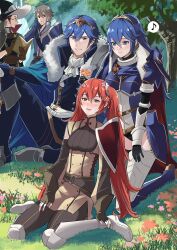 Rule 34 | 2girls, 3boys, ameno (a meno0), armor, armored leotard, blue hair, blush, cape, chrom (crowned exalt) (fire emblem), chrom (fire emblem), father and daughter, fire emblem, fire emblem awakening, fire emblem heroes, flower, fur trim, glasses, grass, great knight (fire emblem awakening), hair flower, hair ornament, hat, inigo (fire emblem), laurent (fire emblem), long hair, looking at another, lucina (fate&#039;s resolve) (fire emblem), lucina (fire emblem), multiple boys, multiple girls, musical note, nintendo, official alternate costume, outdoors, red hair, shoulder armor, sitting, smile, spoken musical note, tiara, twintails, wizard hat