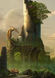 Rule 34 | castle, cloud, creature, dragon, fantasy, grass, highres, kazumasa uchio, moon, original, ruins, scenery, sky, tree, uchio kazumasa, wings