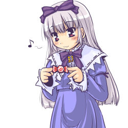 Rule 34 | 1girl, 3.1-tan, blue dress, blush, candy, collar, dd (ijigendd), dress, food, hair ribbon, holding, lolita fashion, long hair, musical note, os-tan, quaver, ribbon, silver hair, simple background, solo, sweets, upper body, whistling, white background