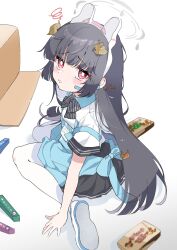 Rule 34 | 1girl, absurdres, angel&#039;s 24 uniform (blue archive), animal ears, apron, black bow, black bowtie, black hair, black skirt, blue apron, blue archive, blush, bow, bowtie, fake animal ears, grey halo, halo, highres, k i49, leaf, leaf on head, long hair, miyu (blue archive), official alternate costume, open mouth, pantyhose, pleated skirt, polo shirt, rabbit ears, red eyes, shirt, shoes, short sleeves, simple background, skirt, solo, white background, white footwear, white pantyhose, white shirt