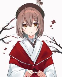 Rule 34 | 1girl, ahoge, beret, braid, braided bangs, branch, brown eyes, brown hair, earrings, feathers, flower, hat, highres, holding, hololive, hololive english, japanese clothes, jewelry, kimono, looking at viewer, nanashi mumei, nanashi mumei (new year), noorukumi, official alternate costume, red shawl, ribbon, shawl, short hair, single earring, smile, snow, upper body, virtual youtuber, white background, white kimono, wide sleeves