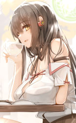 Rule 34 | 1girl, book, breasts, brown eyes, brown hair, cup, earphones, genek, hair between eyes, highres, holding, holding cup, large breasts, long hair, looking at viewer, open mouth, original, shirt, short sleeves, solo, table, white shirt, wooden table