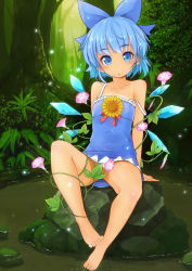 Rule 34 | 1girl, :o, arm support, bare legs, bare shoulders, barefoot, blue bow, blue dress, blue eyes, blue hair, bow, cirno, collarbone, convenient censoring, day, dress, feet, flower, forest, full body, hair bow, hidden star in four seasons, highres, ice, ice wings, knees apart feet together, leaf, leaf censor, light particles, looking at viewer, maru-pen, morning glory, moss, nature, no panties, off shoulder, outdoors, parted lips, plant, pond, rock, short dress, short hair, sitting, sitting on rock, sleeveless, sleeveless dress, solo, spaghetti strap, spread legs, strap slip, sunflower, tan, tanline, tanned cirno, toes, touhou, tree, upskirt, veins, water, wings