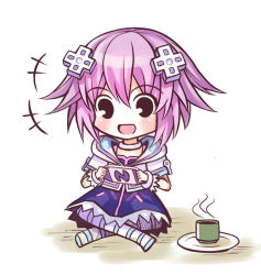 Rule 34 | 10s, 1girl, bad id, bad pixiv id, blush, breasts, chibi, choker, crossed legs, cup, d-pad, d-pad hair ornament, flat chest, hair ornament, handheld game console, jacket, mug, neptune (neptunia), neptune (series), playing games, purple hair, short hair, sitting, small breasts, solo, striped clothes, striped legwear, striped thighhighs, sxbzero, thighhighs