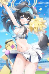 Rule 34 | 1girl, absurdres, animal ears, armpits, bare shoulders, black hair, blue archive, blue eyes, blue sky, blush, breasts, cheering, cheerleader, cleavage, cloud, confetti, cowboy shot, crop top, day, dog ears, dog girl, dog tail, eyewear on head, goggles, goggles on head, groin, halo, hibiki (blue archive), hibiki (cheer squad) (blue archive), highres, holding, holding pom poms, long hair, looking at viewer, midriff, millennium cheerleader outfit (blue archive), miniskirt, navel, neko lu (wofud453), official alternate costume, outdoors, panties, pantyshot, pleated skirt, pom pom (cheerleading), pom poms, ponytail, skirt, sky, sleeveless, solo, sticker on face, stomach, sweat, tail, underwear, white panties, white skirt