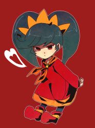 Rule 34 | 1girl, arms behind back, asatami (pixiv6025254), ashley (warioware), big hair, black pantyhose, closed mouth, commentary request, dress, flat chest, full body, hairband, heart, long hair, long sleeves, looking at viewer, neckerchief, nintendo, orange hairband, orange neckerchief, outline, pantyhose, red background, red dress, red eyes, red footwear, shoes, simple background, skull, solo, standing, twintails, warioware, white outline
