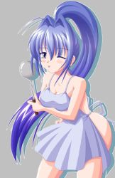 Rule 34 | 00s, 1girl, apron, ass, blue hair, breasts, cleavage, female focus, hayase mitsuki, kimi ga nozomu eien, ladle, long hair, looking at viewer, naked apron, simple background, solo