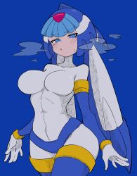 Rule 34 | 1girl, absurdres, android, blue eyes, blush, bodysuit, breasts, buzzlyears, clothes lift, covered navel, crop top, fairy leviathan (mega man), forehead jewel, heavy breathing, helmet, highres, large breasts, looking at viewer, mega man (series), mega man zero (series), shirt lift, solo, white bodysuit