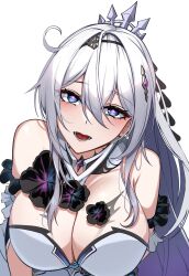 Rule 34 | 1girl, absurdres, black flower, blue eyes, breasts, cleavage cutout, clothing cutout, crown, double-parted bangs, flower, godcastlenoa, hair between eyes, hair ornament, hairpin, highres, honkai (series), honkai impact 3rd, kiana kaslana, kiana kaslana (herrscher of finality), large breasts, long hair, simple background, solo, sparkling eyes, upper body, white background, white hair