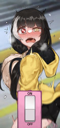 Rule 34 | 1girl, absurdres, ass, black hair, black skirt, blurry, blurry background, blush, breasts, controller, from side, girls&#039; frontline, heart, heart in eye, heterochromia, highres, hood, hooded jacket, jacket, large breasts, long hair, moonjunk, multicolored hair, open mouth, phone wallpaper, red eyes, remote control, remote control vibrator, ro635 (girls&#039; frontline), sex toy, skirt, solo, standing, streaked hair, symbol in eye, tearing up, vibrator, vibrator under clothes, wallpaper, white hair, wireless sex toy controller, yellow eyes, yellow jacket