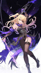 Rule 34 | 1girl, absurdres, arm up, armpits, arrow (projectile), bare shoulders, black dress, black footwear, blonde hair, bodysuit, boots, bow, bow (weapon), breasts, bridal gauntlets, commentary, dress, elbow gloves, energy arrow, eruthika, eyepatch, fischl (genshin impact), garter straps, genshin impact, gloves, green eyes, highres, holding, holding bow (weapon), holding weapon, lips, loincloth, looking at viewer, medium breasts, open mouth, pantyhose, shiny clothes, shiny skin, simple background, single thighhigh, sleeveless, smile, solo, thighhighs, thighs, weapon