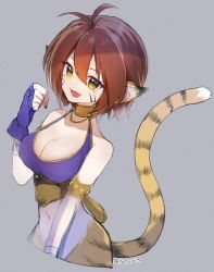 Rule 34 | 1girl, animal ears, breasts, breath of fire, breath of fire ii, capcom, cat ears, cat tail, cleavage, facial mark, full body, furry, furry female, gloves, looking at viewer, open mouth, orange hair, pointy ears, rinpoo chuan, short hair, simple background, smile, solo, tail