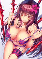 Rule 34 | 1girl, bare shoulders, bikini, blush, bracelet, breasts, bridal garter, cleavage, collarbone, fate/grand order, fate (series), flower, gae bolg (fate), grin, hair between eyes, hair flower, hair ornament, highres, hip focus, jewelry, kunai, large breasts, long hair, looking at viewer, nail polish, navel, pink bikini, pink nails, polearm, purple hair, red eyes, scathach (fate), scathach (fate/grand order), scathach (swimsuit assassin) (fate), simple background, smile, solo, spear, strap pull, swimsuit, tako seijin, thighs, weapon, wet, white background