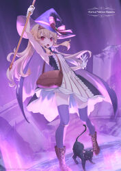 Rule 34 | arm up, armpits, bare arms, black cat, blonde hair, boots, breasts, brown footwear, cape, cat, dress, full body, gloves, hair between eyes, hat, highres, holding, holding wand, holding weapon, little witch nobeta, long hair, looking at viewer, nobeta, nobeta (witch skin), official art, open mouth, phyllis (cat) (little witch nobeta), phyllis (little witch nobeta), purple cape, purple thighhighs, red eyes, small breasts, solo, standing, thighhighs, very long hair, wand, weapon, white gloves, witch, witch hat, zettai ryouiki