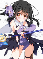 Rule 34 | 1girl, armpits, bare shoulders, black hair, blush, fate/kaleid liner prisma illya, fate/stay night, fate (series), feathers, hair ornament, holster, kaleidostick, leotard, long hair, magical girl, magical sapphire, miyu edelfelt, saipaco, simple background, solo, staff, sweat, thigh holster, thigh strap, torn clothes, torn leotard, white background, yellow eyes