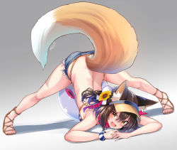 Rule 34 | 1girl, absurdres, animal ear fluff, animal ears, ass, bare shoulders, bikini, blue archive, blush, breasts, brown hair, commentary, commentary request, cutoffs, eyeshadow, fox ears, fox girl, fox tail, hair ornament, highres, izuna (blue archive), izuna (swimsuit) (blue archive), jack-o&#039; challenge, large breasts, looking at viewer, makeup, medium breasts, micro shorts, open mouth, pink scarf, pom pom (clothes), pom pom hair ornament, red eyeshadow, sandals, scarf, short hair, shorts, smile, solo, spread legs, striped bikini, striped clothes, swimsuit, tail, top-down bottom-up, visor cap, wide spread legs, wisespeak, yellow eyes