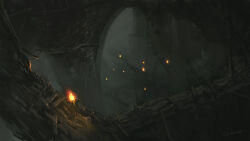 Rule 34 | artist name, bloodborne, bridge, fire, fire, highres, night, no humans, outdoors, scenery, torch, tripdancer
