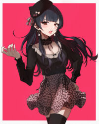 Rule 34 | 1girl, absurdres, beret, black choker, black hair, black hat, black shirt, black thighhighs, blunt bangs, blush, border, breasts, brown eyes, choker, cleavage, colored inner hair, commentary request, earrings, gawawawa, hair ribbon, hand on own hip, hand up, hat, heart, heart earrings, highres, idolmaster, idolmaster shiny colors, jewelry, lace, lace choker, lipstick, long hair, long sleeves, looking at viewer, makeup, mayuzumi fuyuko, medium breasts, multicolored hair, neck ribbon, open mouth, pattern request, print skirt, red background, red hair, red nails, red ribbon, ribbon, shirt, shirt tucked in, skirt, solo, standing, thighhighs, tongue, white border