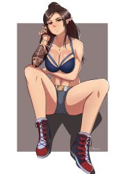 Rule 34 | 1girl, arm tattoo, blue bra, bra, breasts, brown eyes, brown hair, cleavage, commentary, cross-laced footwear, english commentary, frosty persimmons, full body, grey shorts, highres, jewelry, large breasts, long hair, looking at viewer, necklace, original, pointy ears, shorts, sitting, solo, tattoo, underwear