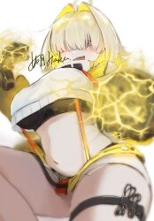 Rule 34 | 1girl, ahoge, black gloves, black sports bra, blonde hair, blush, breasts, clothing cutout, crop top, crop top overhang, cropped sweater, electricity, elegg (nikke), exposed pocket, gloves, goddess of victory: nikke, grey shorts, haakun, hair intakes, hair over eyes, highres, large breasts, long bangs, long sleeves, micro shorts, multicolored clothes, multicolored gloves, multicolored hair, navel, purple eyes, short hair, shorts, shoulder cutout, signature, solo, sports bra, suspender shorts, suspenders, thigh strap, thighs, two-tone hair, yellow gloves