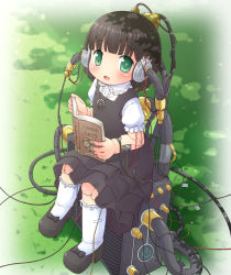 Rule 34 | 1girl, android, black dress, black hair, blunt bangs, blush, book, cable, dress, gears, grass, green eyes, heart, jewelry, joints, looking at viewer, mizuno mumomo, necklace, open book, open mouth, original, puffy short sleeves, puffy sleeves, reading, robot joints, shoes, short hair, short sleeves, socks, solo