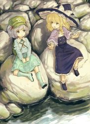 Rule 34 | 2girls, backpack, bag, bionekojita, black hat, blonde hair, blue eyes, blue footwear, blue hair, blue skirt, boots, bow, buttons, capelet, green hat, hair bobbles, hair bow, hair ornament, hat, hat bow, highres, kawashiro nitori, key, kirisame marisa, long skirt, long sleeves, looking at another, multiple girls, outdoors, rock, rubber boots, sitting, skirt, skirt set, smile, touhou, two side up, water, white bow, witch hat, yellow eyes