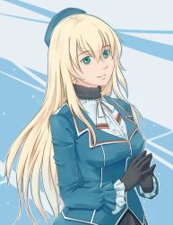 Rule 34 | 10s, 1girl, atago (kancolle), beret, black gloves, blonde hair, breasts, gloves, green eyes, hat, kantai collection, large breasts, long hair, looking at viewer, marika, military, military uniform, smile, solo, uniform