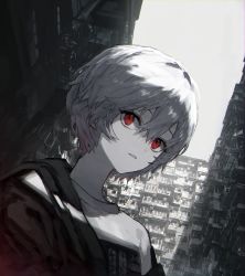 Rule 34 | 1girl, absurdres, ayanami rei, bad id, bad pixiv id, building, commentary request, day, es-ther, grey theme, highres, looking at viewer, neon genesis evangelion, open clothes, outdoors, parted lips, red eyes, shirt, short hair, sky, solo, spot color, upper body