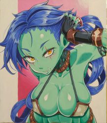 Rule 34 | 1girl, blue hair, breasts, cleavage, collarbone, colored skin, doula (sennen sensou aigis), fang, female orc, fingerless gloves, gloves, green skin, hand up, highres, large breasts, long hair, looking at viewer, orc, pointy ears, sennen sensou aigis, solo, soune1000, traditional media, yellow eyes