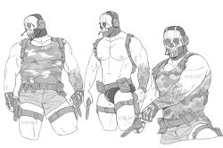Rule 34 | 1boy, absurdres, arm tattoo, artist name, bara, belt, call of duty, call of duty: modern warfare 2, camouflage tank top, dilfborne (ventiskull), fingerless gloves, ghost (modern warfare 2), gloves, greyscale, gun, headphones, highres, holding, holding gun, holding weapon, large pectorals, male focus, male underwear, mask, monochrome, muscular, muscular male, navel, nipples, pectorals, shorts, skull mask, tank top, tattoo, underwear, watch, weapon, wristwatch