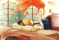 Rule 34 | 1girl, alice margatroid, alice margatroid (pc-98), blonde hair, blue dress, blue eyes, book, child, dreaming, dress, fish, goldfish, hair ribbon, half-closed eyes, hand on own stomach, long sleeves, lying, on back, oversized object, phonograph, pillow, ribbon, shirt, solo, touhou, touhou (pc-98), yoss 3