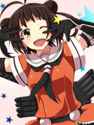 Rule 34 | 10s, 1girl, ;d, antenna hair, blunt bangs, blush, brown hair, double bun, double v, elbow gloves, gloves, hair bun, kantai collection, kichihachi, looking at viewer, naka (kancolle), one eye closed, open mouth, personification, pleated skirt, sailor collar, short hair, skirt, smile, solo, star (symbol), v, v over eye, wink, yellow eyes