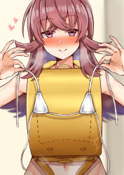 Rule 34 | 1girl, absurdres, backpack, bag, bikini, blurry, blurry background, blush, check commentary, commentary request, completely nude, covering privates, hair between eyes, hair flaps, half-closed eyes, hands up, heart, highres, holding, holding clothes, holding swimsuit, idolmaster, idolmaster shiny colors, komiya kaho, long hair, looking at viewer, mabanna, micro bikini, navel, nude, nude cover, randoseru, red eyes, red hair, seductive smile, selfie, smile, solo, swimsuit, upper body, white bikini, yellow bag