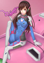 Rule 34 | 1girl, absurdres, animal print, armor, bad id, bad pixiv id, bodysuit, boots, breasts, brown eyes, brown hair, blowing bubbles, character name, chewing gum, covered erect nipples, covered navel, d.va (overwatch), facial mark, gloves, headphones, high collar, highres, long hair, mecha, medium breasts, meka (overwatch), overwatch, overwatch 1, pilot suit, pink background, rabbit, rabbit print, robot, simple background, skin tight, solo, thigh boots, thighhighs, whisker markings, white footwear, white gloves, xixing si yao meng