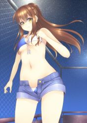 Rule 34 | 10s, 1girl, aogu, aoyama nanami, bare arms, bare shoulders, bikini, bikini under clothes, breasts, brown hair, chain-link fence, cowboy shot, day, fence, long hair, looking at viewer, medium breasts, navel, open fly, outdoors, ponytail, sakura-sou no pet na kanojo, shorts, solo, swimsuit, swimsuit under clothes, unbuttoned, underboob, unzipped, yellow eyes