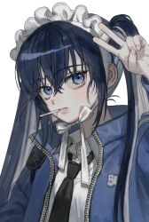 Rule 34 | 1girl, bag, bags under eyes, black hair, black necktie, blue eyes, blue jacket, blush, bonnet, collared shirt, cropped, crossed bangs, frost fog, hair between eyes, hand up, highres, jacket, long hair, long sleeves, looking at viewer, maid headdress, mole, mole under eye, mouth hold, necktie, open clothes, open jacket, original, shirt, shoulder bag, sidelocks, simple background, solo, twintails, upper body, v, white background, white headwear, white shirt, zipper