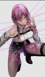 Rule 34 | 1girl, black footwear, black shorts, boots, breasts, chest harness, cleavage, closed mouth, collared shirt, commentary, english commentary, expressionless, gloves, grey background, hair between eyes, hair over one eye, hand on own face, harness, high-waist shorts, highres, honkai: star rail, honkai (series), jewelry, kafka (honkai: star rail), large breasts, long sleeves, multiple rings, pantyhose, pantyhose under shorts, purple eyes, purple gloves, purple hair, purple pantyhose, ring, shirt, shorts, simple background, solo, thigh boots, tiniditii, white shirt