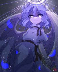 Rule 34 | 1girl, angel wings, black ribbon, black sash, blue eyes, blue hair, bow, buttons, closed mouth, commentary request, dress, eyelashes, feathered wings, glowing, glowing eyes, hair bow, halo, happy, looking at viewer, mai (touhou), neck ribbon, otoya sindoi, puffy short sleeves, puffy sleeves, ribbon, sash, short hair, short sleeves, skirt hold, smile, solo, touhou, touhou (pc-98), white bow, white dress, white wings, wings