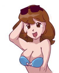 Rule 34 | 10s, 1girl, artist request, bikini, blue bikini, breasts, brown eyes, brown hair, cleavage, creatures (company), eyewear on head, game freak, large breasts, looking at viewer, nintendo, npc trainer, open mouth, pokemon, pokemon oras, simple background, smile, solo, sunglasses, swimmer (pokemon), swimsuit, upper body, white background