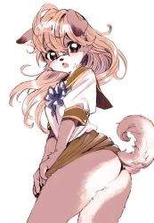 Rule 34 | 1girl, accidental exposure, amezawa koma, animal ears, ass, blue bow, blue bowtie, blush, bow, bowtie, brown eyes, brown fur, brown hair, brown skirt, clothes pull, dog ears, dog tail, from behind, furry, furry female, lifted by tail, long hair, looking at viewer, looking back, miniskirt, original, shirt, simple background, skirt, skirt pull, solo, tail, tail raised, two-tone fur, white background, white shirt