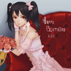 Rule 34 | 1girl, bare shoulders, black hair, bouquet, bow, bracelet, closed mouth, couch, dated, detached collar, detached sleeves, dress, flower, gloves, hair bow, happy birthday, head rest, jewelry, light smile, looking at viewer, love live!, love live! school idol festival, love live! school idol project, pink bow, pink flower, pink gloves, pink rose, puffy short sleeves, puffy sleeves, red eyes, rose, short sleeves, sitting, smile, solo, twintails, wedding dress, whitem (whiteemperor2020), yazawa nico