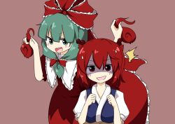 2girls, :d, ^^^, bangs, blunt bangs, blush, bow, brown background, commentary request, cookie (touhou), dress, eyebrows visible through hair, frilled dress, frilled ribbon, frills, front ponytail, green eyes, green hair, hair between eyes, hair bobbles, hair bow, hair ornament, hair ribbon, higashi aisu, holding, holding hair, kagiyama hina, long hair, looking at viewer, miyako (naotsugu), multiple girls, onozuka komachi, open mouth, puffy short sleeves, puffy sleeves, red dress, red eyes, red hair, red ribbon, ribbon, shaded face, shishou (cookie), short hair, short sleeves, simple background, smile, solo, sweatdrop, touhou, two side up, upper body