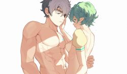 Rule 34 | 1boy, 1girl, abs, back, breasts, closed mouth, commentary, completely nude, english commentary, eyepatch, green eyes, green hair, grey eyes, grey hair, half-closed eyes, hand on another&#039;s cheek, hand on another&#039;s face, hetero, highres, looking at another, medium breasts, muscular, muscular male, nipples, nude, open mouth, pandoria (xenoblade), pointy ears, short hair, sideboob, simple background, stephanieh81080, upper body, white background, xenoblade chronicles (series), xenoblade chronicles 2, zeke von genbu (xenoblade)