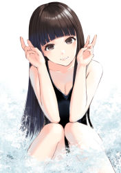 Rule 34 | 1girl, bad id, bad pixiv id, black eyes, black hair, black one-piece swimsuit, blunt bangs, breasts, cleavage, feet out of frame, grin, hami (hami-gerden), highres, long hair, looking at viewer, one-piece swimsuit, original, school swimsuit, sitting, small breasts, smile, solo, swimsuit, v, water, white background