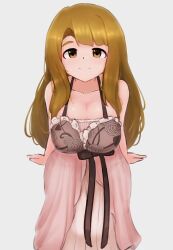 Rule 34 | 1girl, bare arms, bare shoulders, breasts, brown eyes, brown hair, cleavage, closed mouth, collarbone, cowboy shot, dot nose, floral print, forehead, frilled negligee, frills, grey background, hair over shoulder, halterneck, highres, idolmaster, idolmaster million live!, idolmaster million live! theater days, large breasts, layered nightgown, light blush, light smile, long hair, looking at viewer, miyao miya, official alternate costume, parted bangs, pink negligee, rose print, sexy beautiful (idolmaster), sidelocks, simple background, sitting, solo, straight-on, straight hair, thick eyebrows, yamikumo rindo