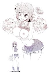 Rule 34 | 1girl, bad id, bad pixiv id, blush, bouncing breasts, breasts, cheerleader, english text, heart, highres, kusanagi tonbo, large breasts, looking at viewer, midriff, monochrome, navel, nipples, open mouth, original, pom pom (cheerleading), short hair, simple background, skirt, smile, solo, white background
